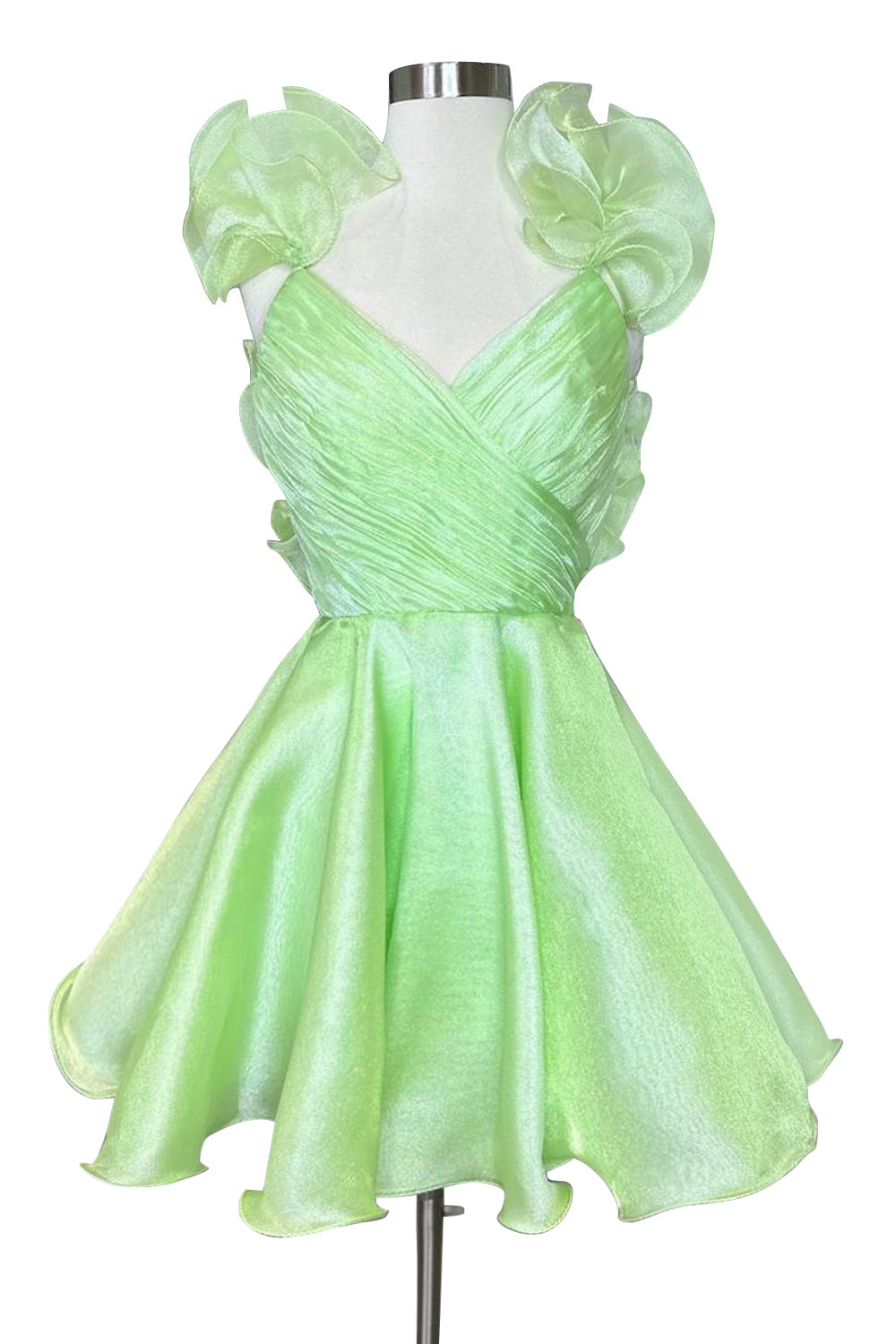 Vestido de fiesta de línea A de organza con escote en V
