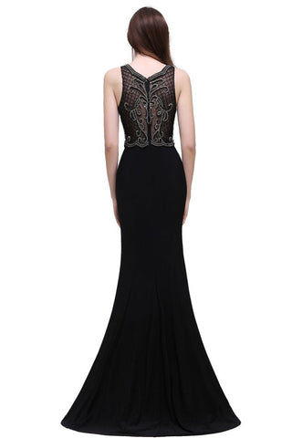 Vestidos de fiesta negros de corte A con tirantes de perlas y cola corta