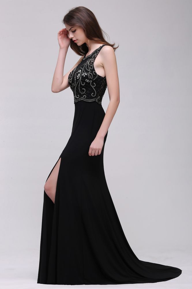 Vestidos de fiesta negros de corte A con tirantes de perlas y cola corta