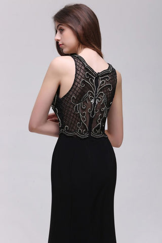 Vestidos de fiesta negros de corte A con tirantes de perlas y cola corta