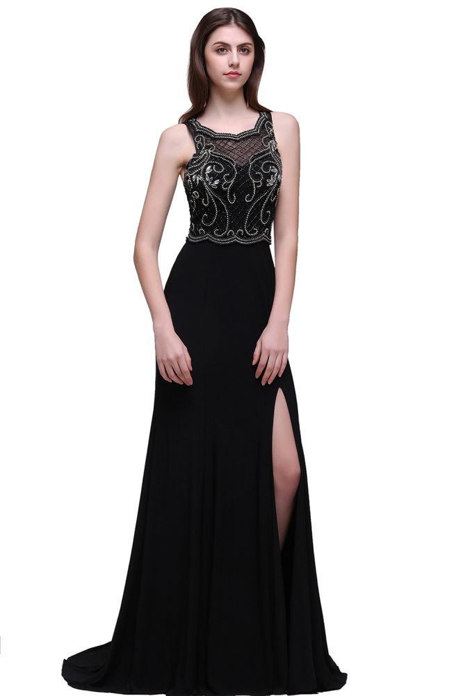 Vestidos de fiesta negros de corte A con tirantes de perlas y cola corta