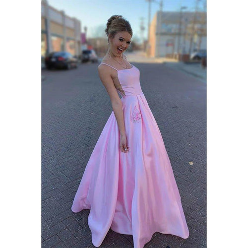 A-line Pink Satin Spaghetti Straps Scoop Long Prom Dress with Pockets