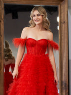 Ingrid | Vestido largo de fiesta de tul con escote corazón, corte en A y abertura