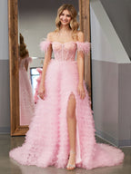 Ingrid | Vestido largo de fiesta de tul con escote corazón, corte en A y abertura