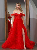 Ingrid | Vestido largo de fiesta de tul con escote corazón, corte en A y abertura