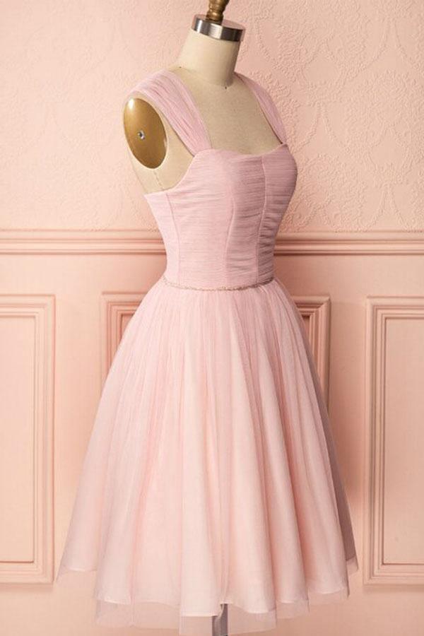 Vestido corto de fiesta de graduación con tirantes de tul rosa, corte en A, pliegues y pedrería PD274