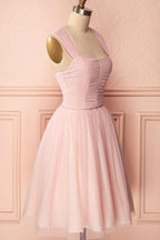 Vestido corto de fiesta de graduación con tirantes de tul rosa, corte en A, pliegues y pedrería PD274