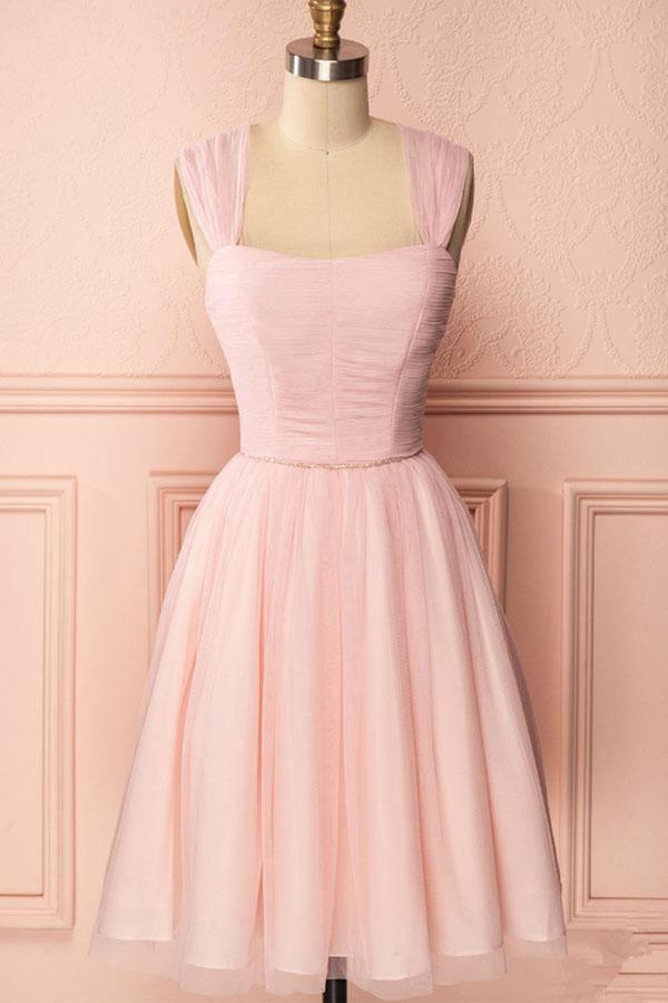 Vestido corto de fiesta de graduación con tirantes de tul rosa, corte en A, pliegues y pedrería PD274
