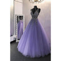 Vestido largo de fiesta de corte A, tul morado con cuentas, vestidos de noche formales