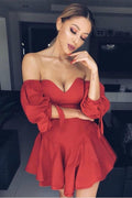 Vestido de fiesta rojo satinado de corte A con hombros descubiertos y mangas abullonadas PD253