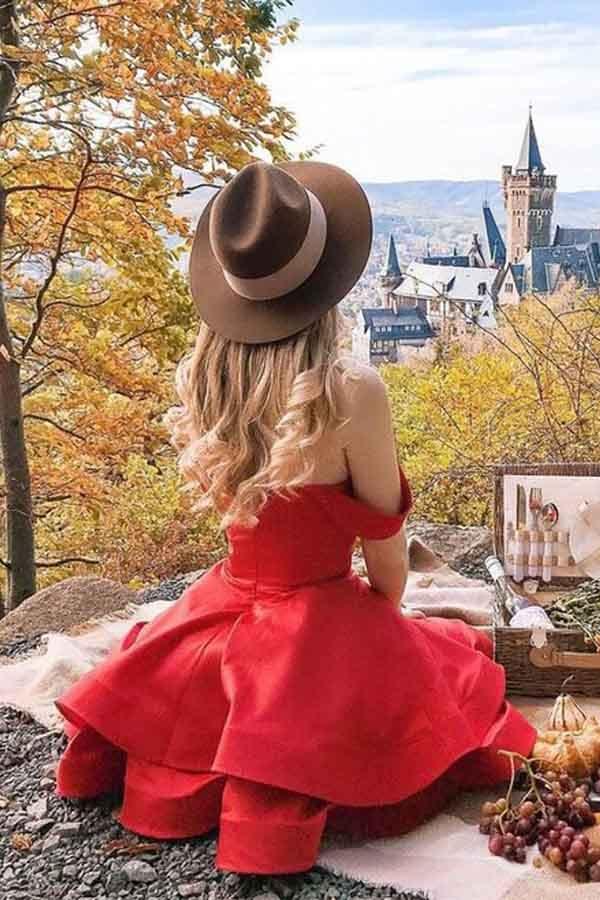 Vestido corto de fiesta de graduación con tirantes de satén rojo, corte en A, PD377