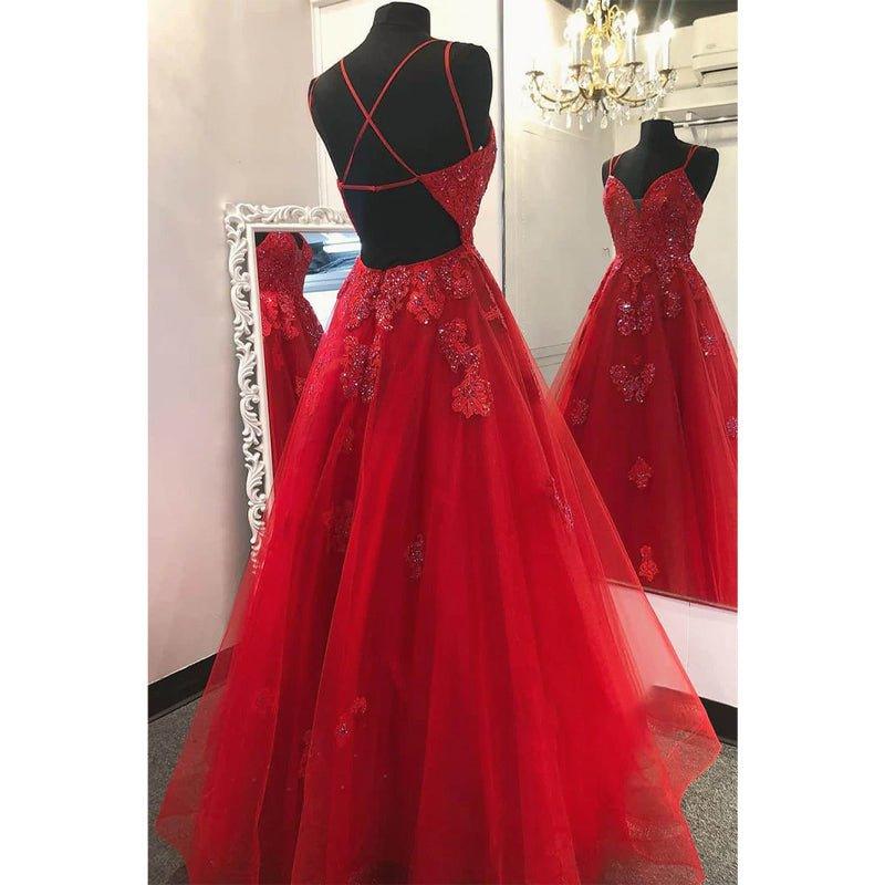 Vestido largo de fiesta de corte A con apliques de tul rojo, estilo vestido de noche formal 