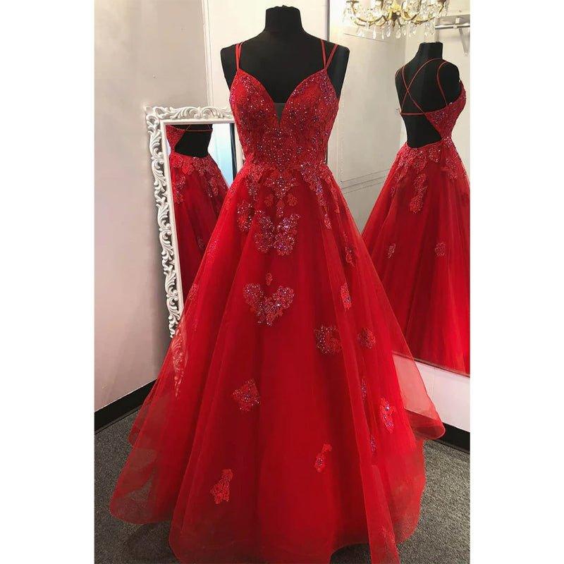 Vestido largo de fiesta de corte A con apliques de tul rojo, estilo vestido de noche formal 