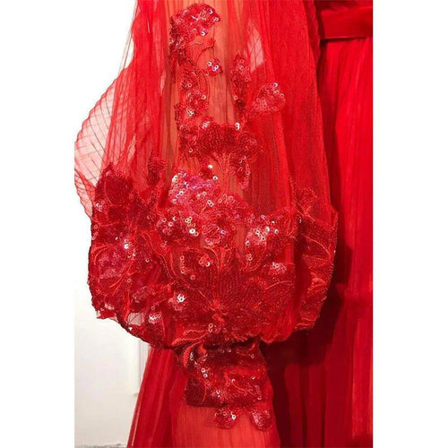 A-line Red Tulle V-neck Long Sleeves Long Formal Evening Dress