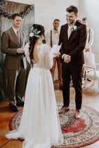 Vestido de novia corte A, escote redondo, espalda descubierta, encaje, mangas largas WD371