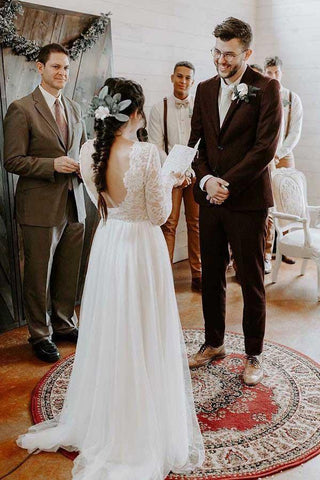 Vestido de novia corte A, escote redondo, espalda descubierta, encaje, mangas largas WD371