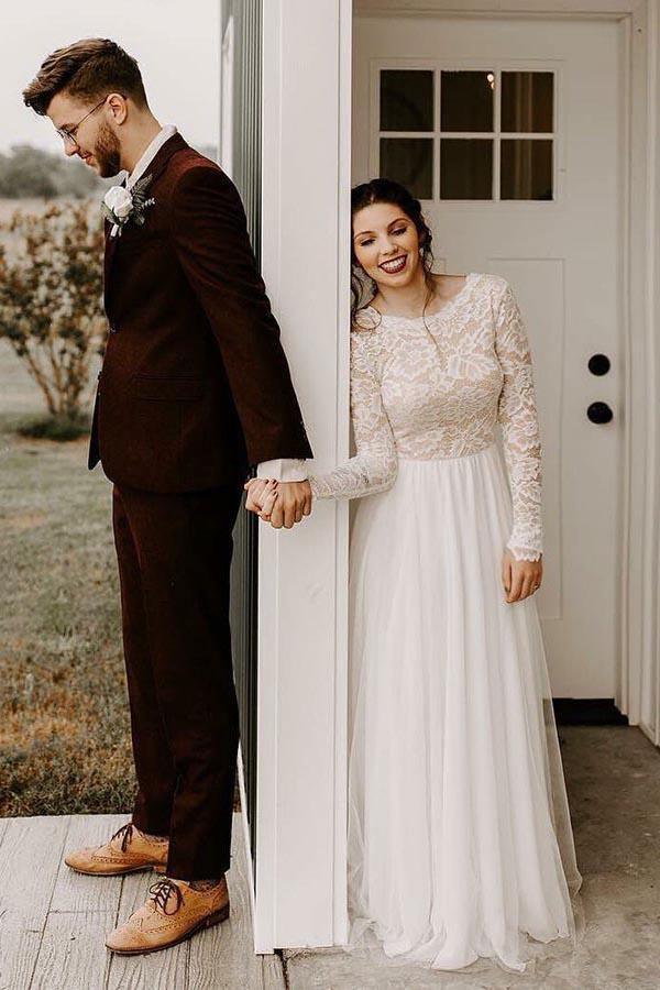 Vestido de novia corte A, escote redondo, espalda descubierta, encaje, mangas largas WD371