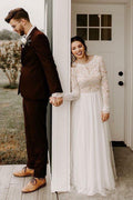 Vestido de novia corte A, escote redondo, espalda descubierta, encaje, mangas largas WD371