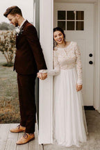 Vestido de novia corte A, escote redondo, espalda descubierta, encaje, mangas largas WD371