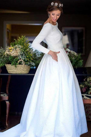 Vestido de novia de satén corte A, escote redondo, espalda descubierta y mangas WD266