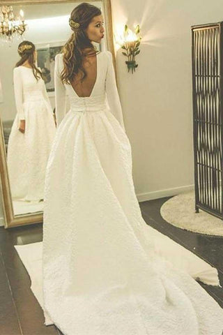 Vestido de novia de satén corte A, escote redondo, espalda descubierta y mangas WD266