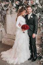 Robe de mariée en tulle à col rond, traîne courte et manches longues, coupe trapèze, modèle WD307