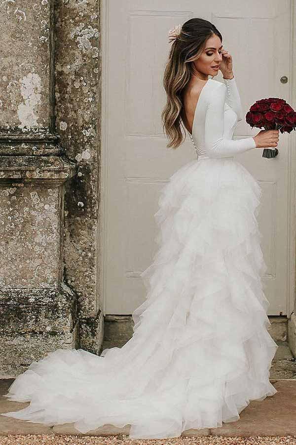 Robe de mariée en tulle à col rond, traîne courte et manches longues, coupe trapèze, modèle WD307