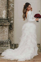 Robe de mariée en tulle à col rond, traîne courte et manches longues, coupe trapèze, modèle WD307