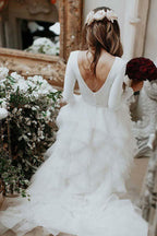 Robe de mariée en tulle à col rond, traîne courte et manches longues, coupe trapèze, modèle WD307