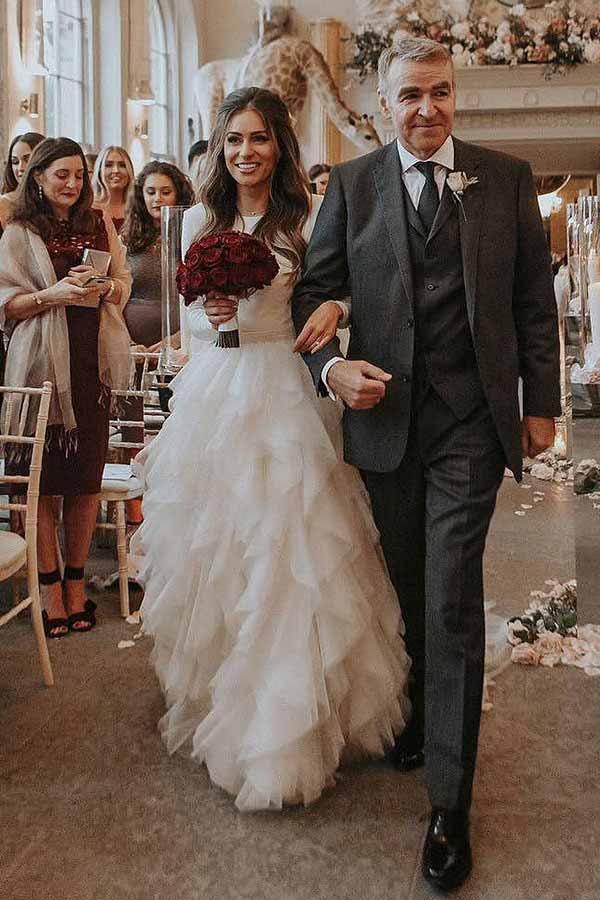 Robe de mariée en tulle à col rond, traîne courte et manches longues, coupe trapèze, modèle WD307