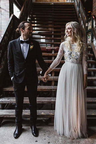 Vestido de novia largo de corte A con cuello redondo y mangas largas de encaje WD341