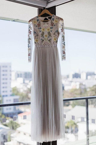 Vestido de novia largo de corte A con cuello redondo y mangas largas de encaje WD341