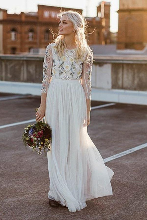 Vestido de novia largo de corte A con cuello redondo y mangas largas de encaje WD341