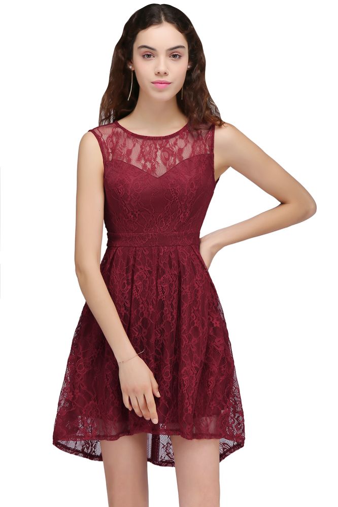 Vestidos cortos de encaje burdeos para baile de bienvenida, corte en A, cuello redondo y corte en A
