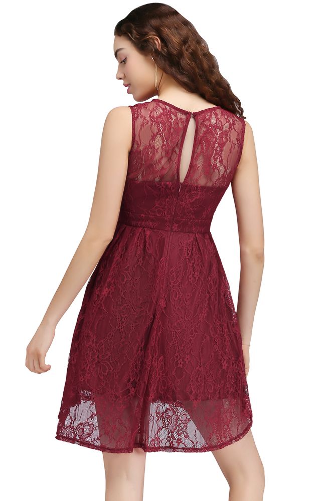 Vestidos cortos de encaje burdeos para baile de bienvenida, corte en A, cuello redondo y corte en A