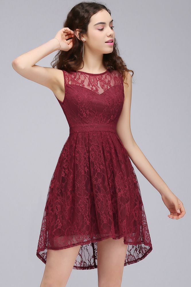 Vestidos cortos de encaje burdeos para baile de bienvenida, corte en A, cuello redondo y corte en A