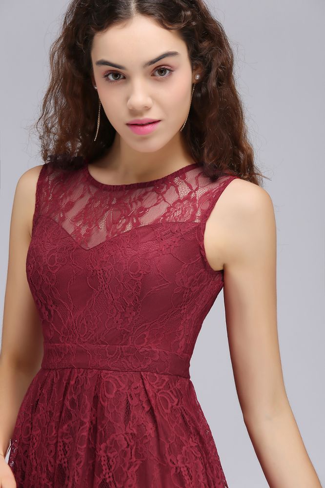 Vestidos cortos de encaje burdeos para baile de bienvenida, corte en A, cuello redondo y corte en A