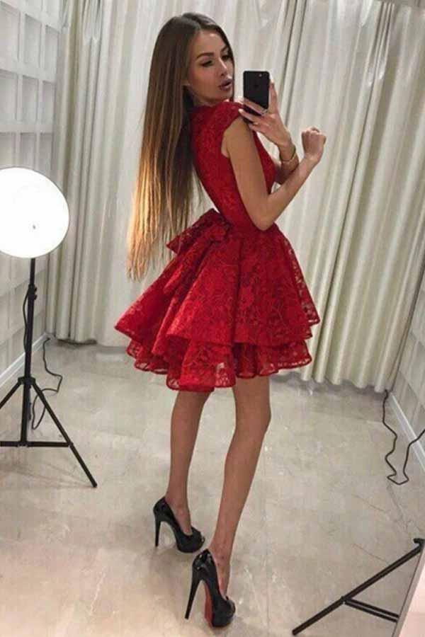 Vestido corto de fiesta de bienvenida rojo de encaje, corte en A, cuello redondo, PD228