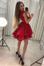 Vestido corto de fiesta de bienvenida rojo de encaje, corte en A, cuello redondo, PD228