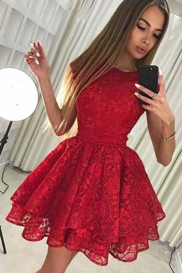 Vestido corto de fiesta de bienvenida rojo de encaje, corte en A, cuello redondo, PD228