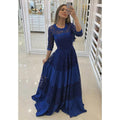 Vestido largo de noche formal, corte en A, escote redondo, azul marino, mangas tres cuartos. 