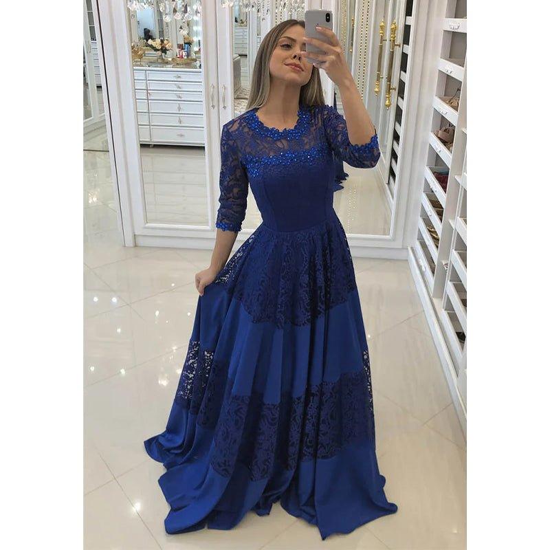 Vestido largo de noche formal, corte en A, escote redondo, azul marino, mangas tres cuartos. 