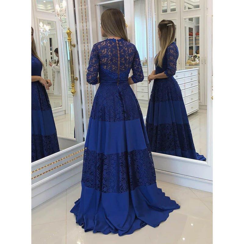 Vestido largo de noche formal, corte en A, escote redondo, azul marino, mangas tres cuartos. 