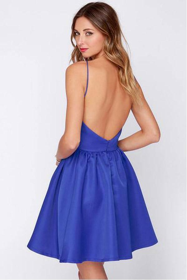 Vestidos cortos de fiesta de graduación azul real sin espalda, corte en A, PD347