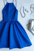 Vestidos cortos de fiesta de graduación azul real sin espalda, corte en A, PD347