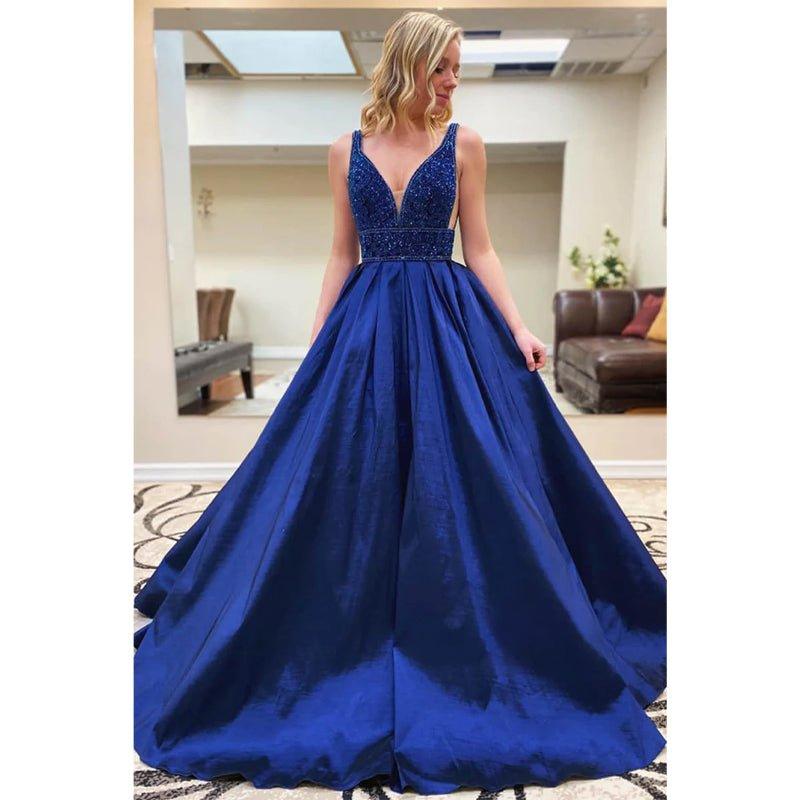 Vestido largo de gala de corte A, satén azul real con cuentas, estilo vestido de concurso. 