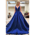 Vestido largo de gala de corte A, satén azul real con cuentas, estilo vestido de concurso. 
