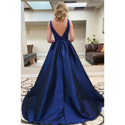 Vestido largo de gala de corte A, satén azul real con cuentas, estilo vestido de concurso. 