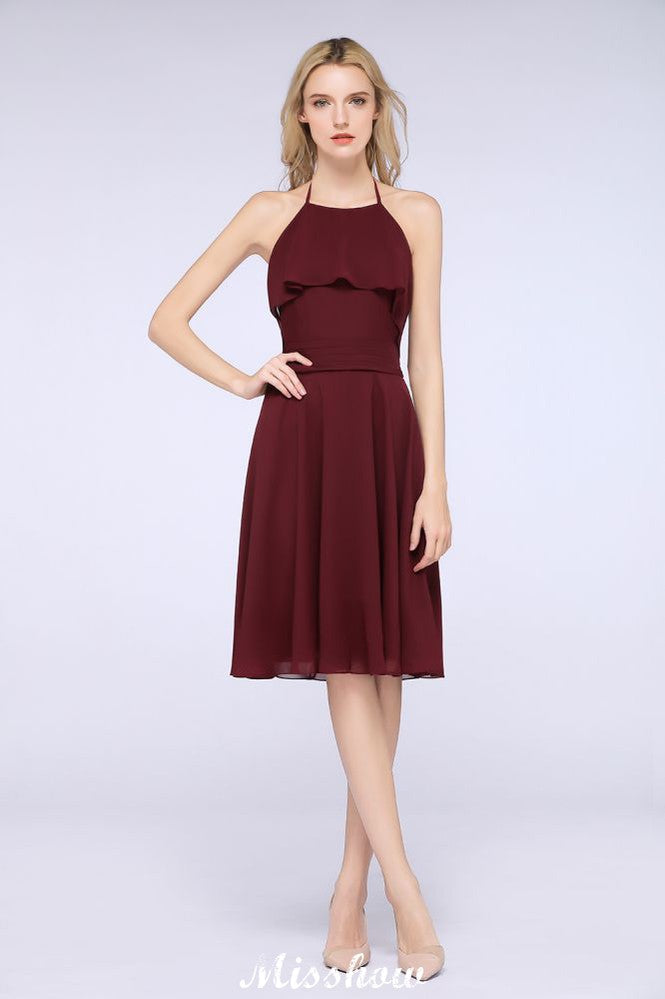 Robe de soirée trapèze à volants en mousseline, dos nu, longueur genou, robe de demoiselle d'honneur simple