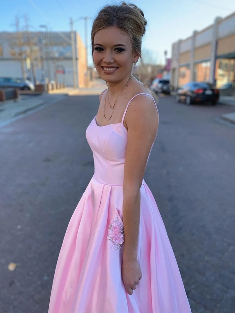 Vestidos largos de fiesta de satén con estampado floral, corte en A, con bolsillos, espalda descubierta, ideales para graduación o eventos formales.